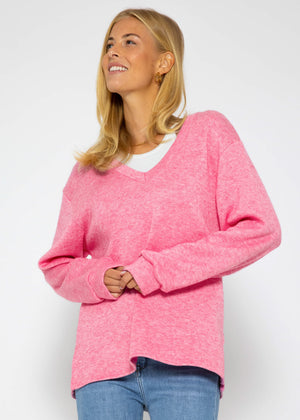 Oversize soft sweater with deep V-neck - pink