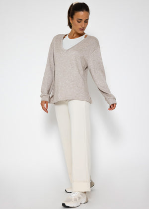 Oversize soft sweater with deep V-neck - taupe