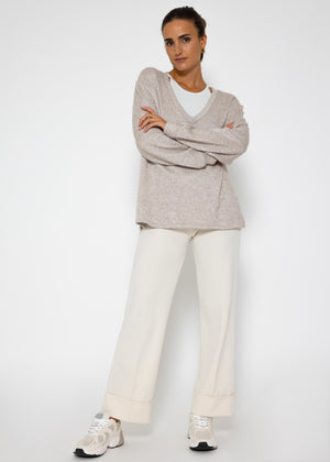 Oversize soft sweater with deep V-neck - taupe