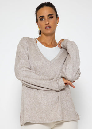 Oversize soft sweater with deep V-neck - taupe