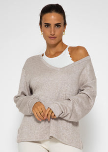Oversize soft sweater with deep V-neck - taupe