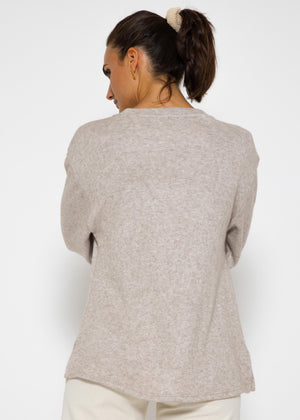 Oversize soft sweater with deep V-neck - taupe