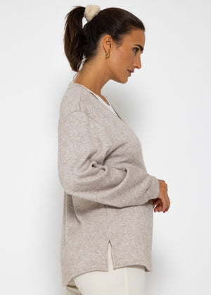 Oversize soft sweater with deep V-neck - taupe