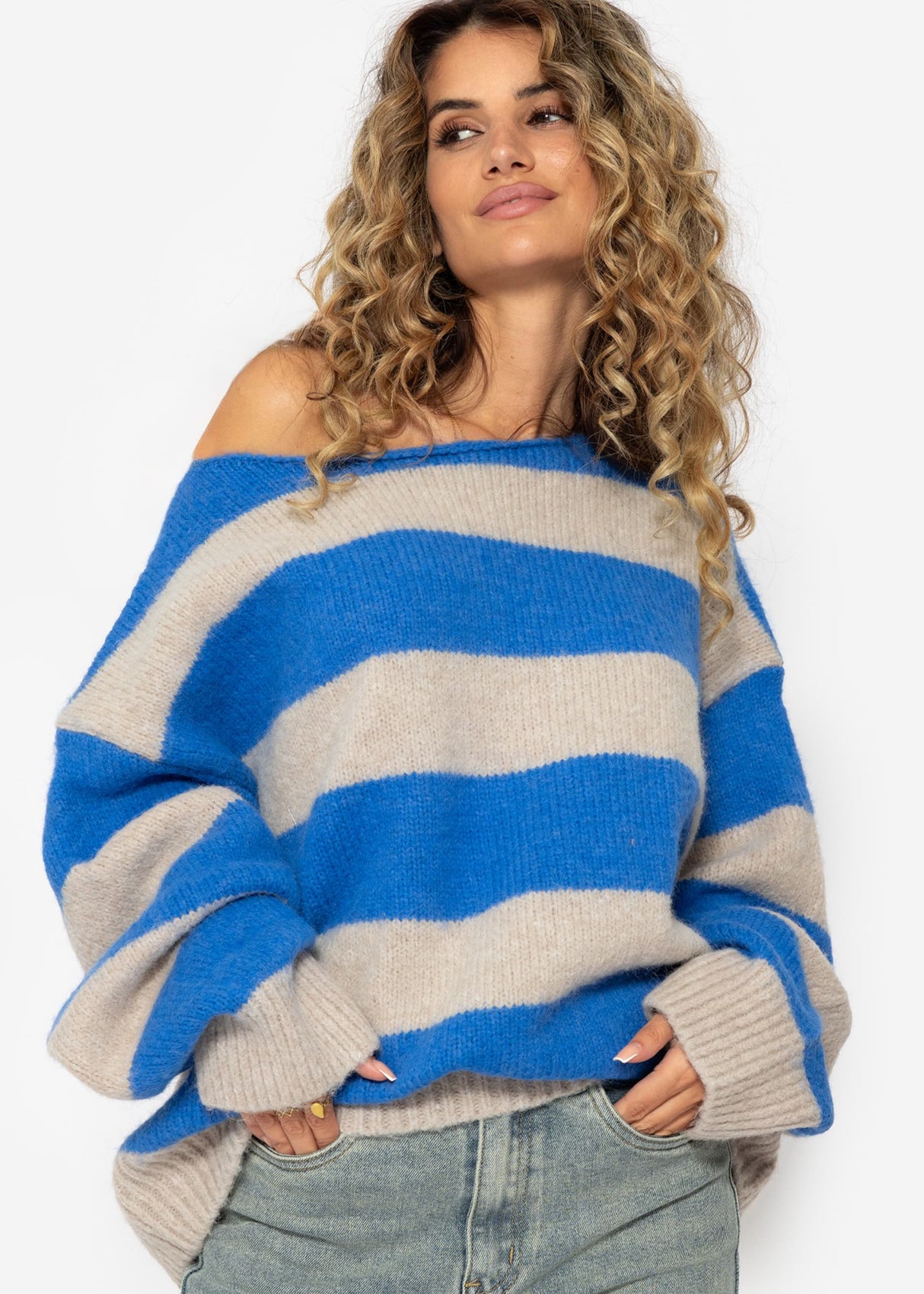 Sweater with block stripes - blue-beige