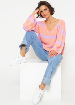 Striped V-neck sweater - peach-lilac