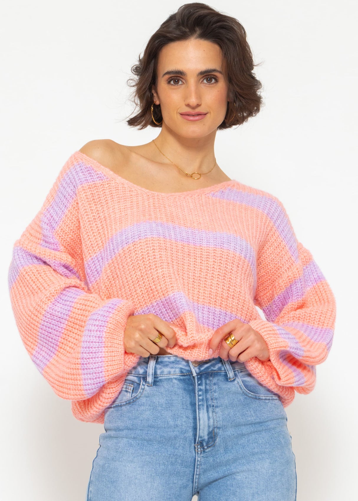 Striped V-neck sweater - peach-lilac