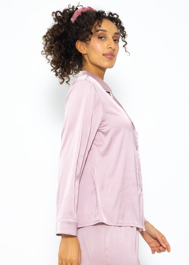 Satin pyjama blouse with piping - rose