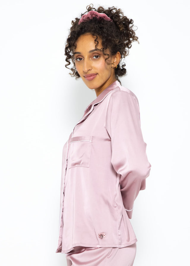 Satin pyjama blouse with piping - rose