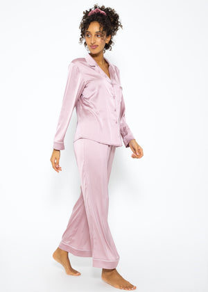 Satin pajama blouse with piping - pink