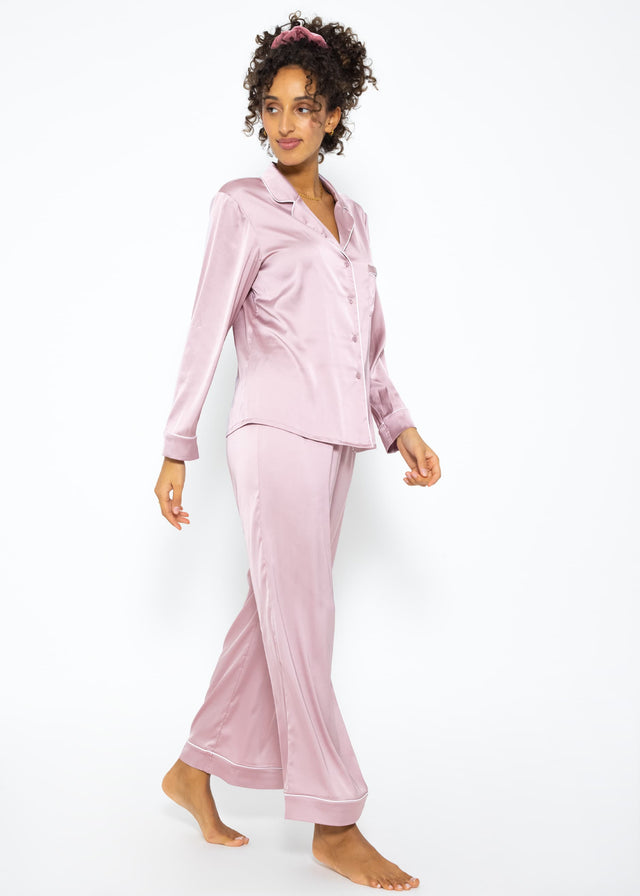 Satin pyjama blouse with piping - rose