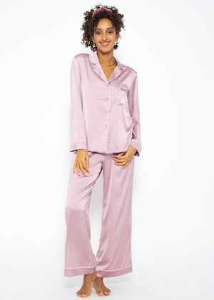 Satin pajama blouse with piping - pink