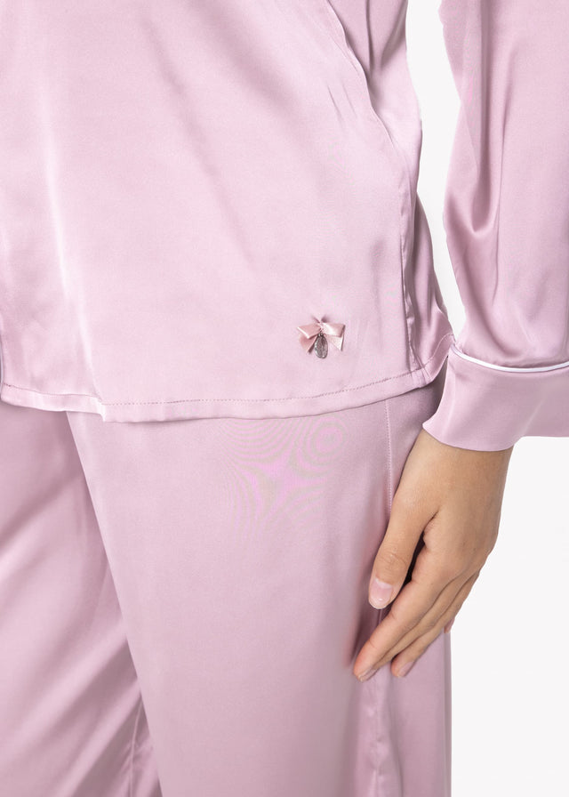 Satin pyjama blouse with piping - rose