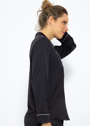 Satin pajama blouse with piping - black