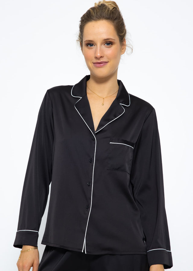 Satin pyjama blouse with piping - black