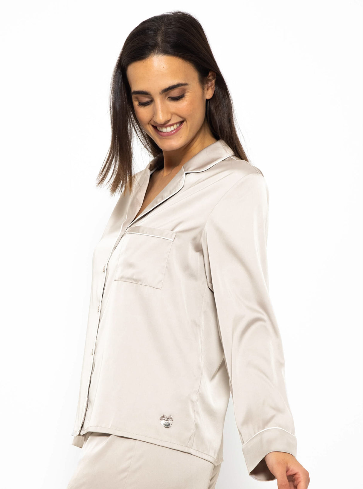 Satin pajama blouse with piping - champagne