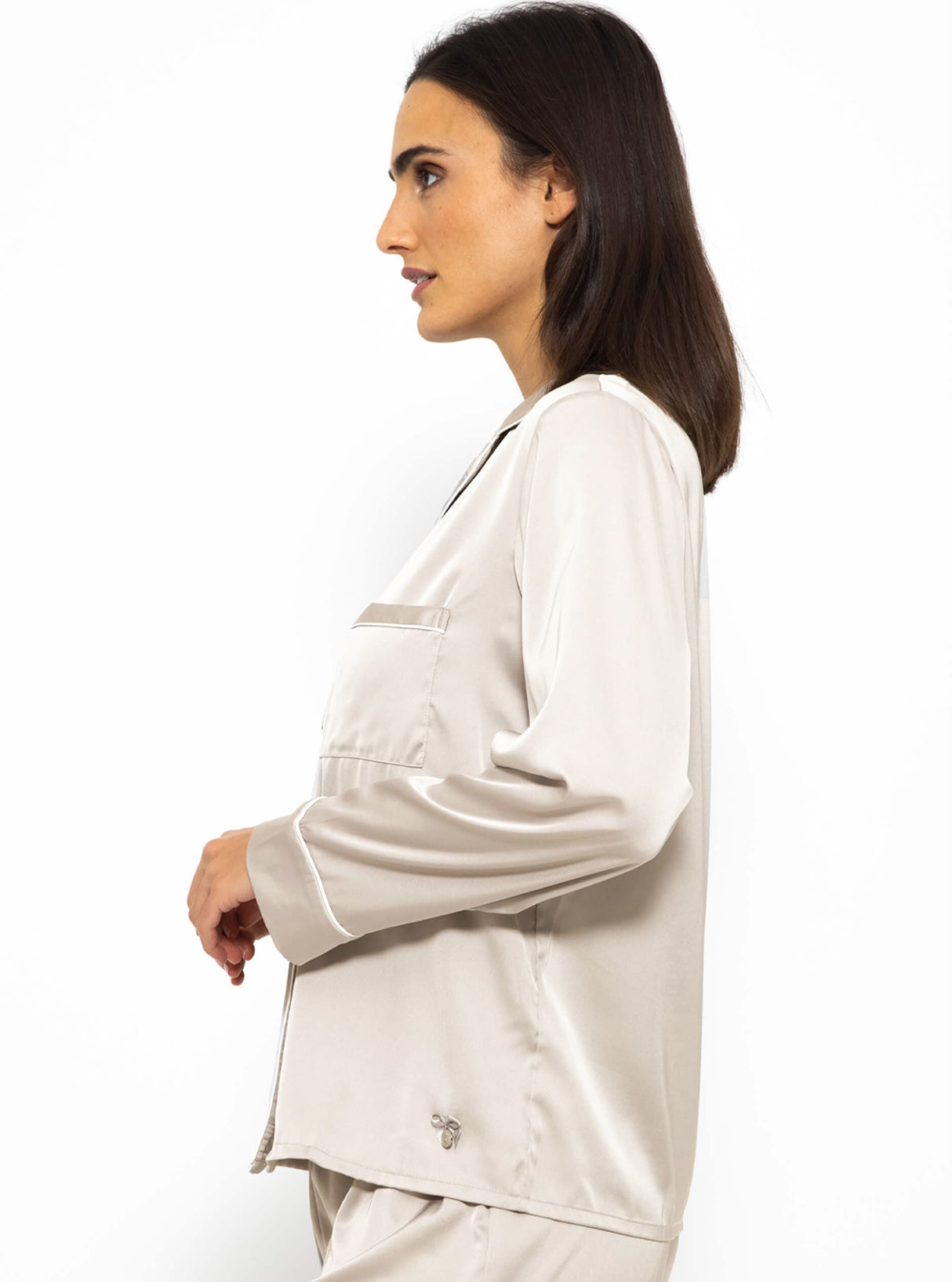 Satin pajama blouse with piping - champagne