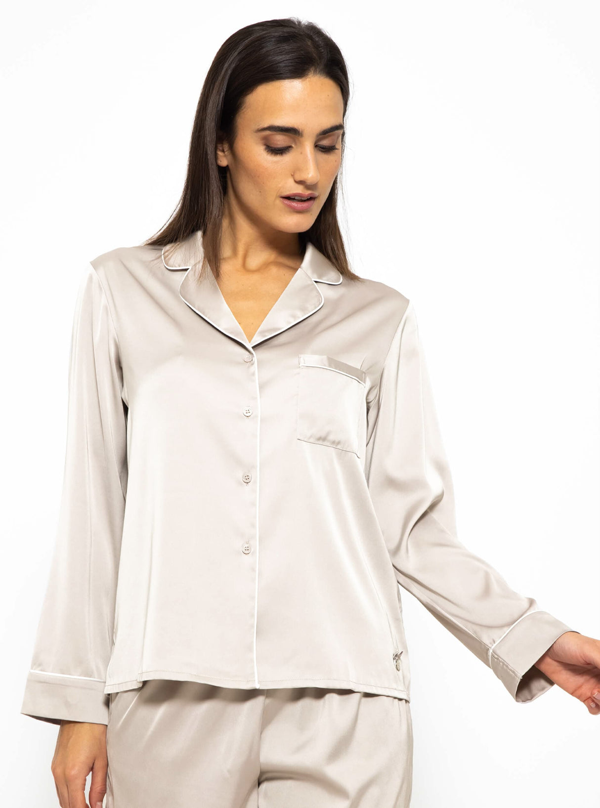 Satin pajama blouse with piping - champagne