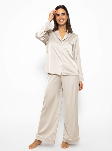 Satin pyjama blouse with piping - champagne