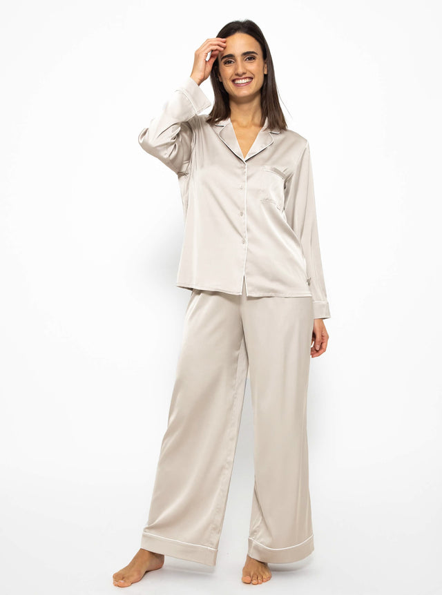 Satin pyjama blouse with piping - champagne