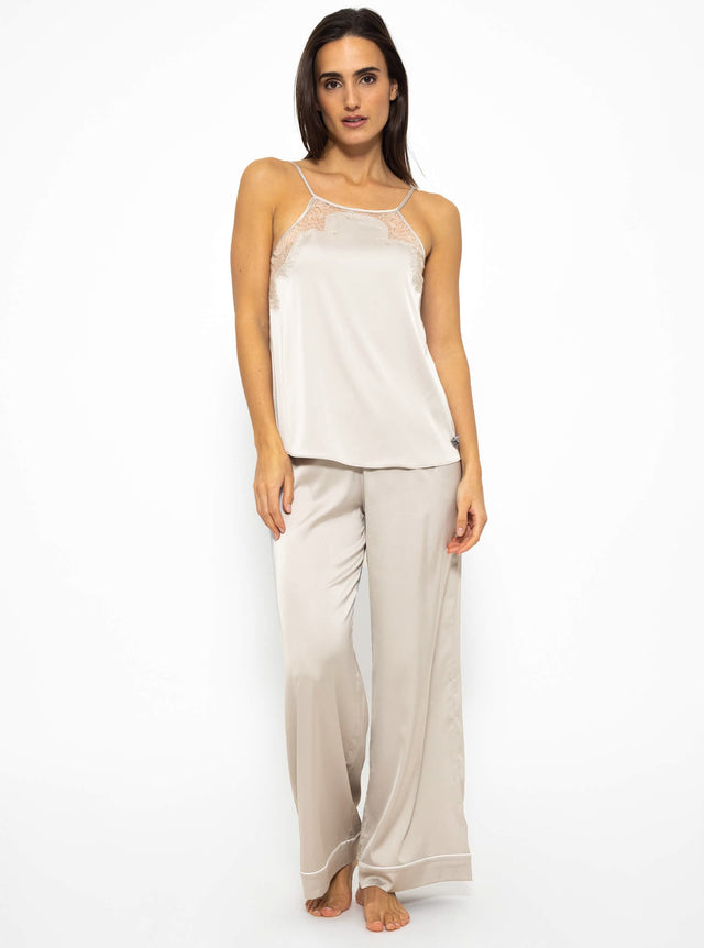 Satin pyjama top with lace - champagne