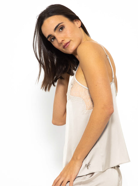 Satin pyjama top with lace - champagne