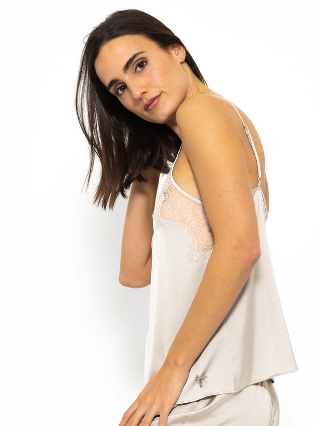 Satin pyjama top with lace - champagne