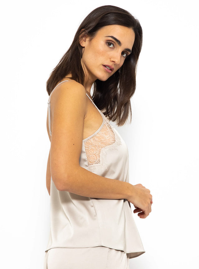 Satin pyjama top with lace - champagne