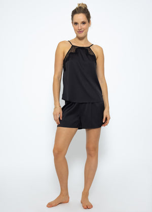 Satin Pyjama Top mit Spitze - schwarz