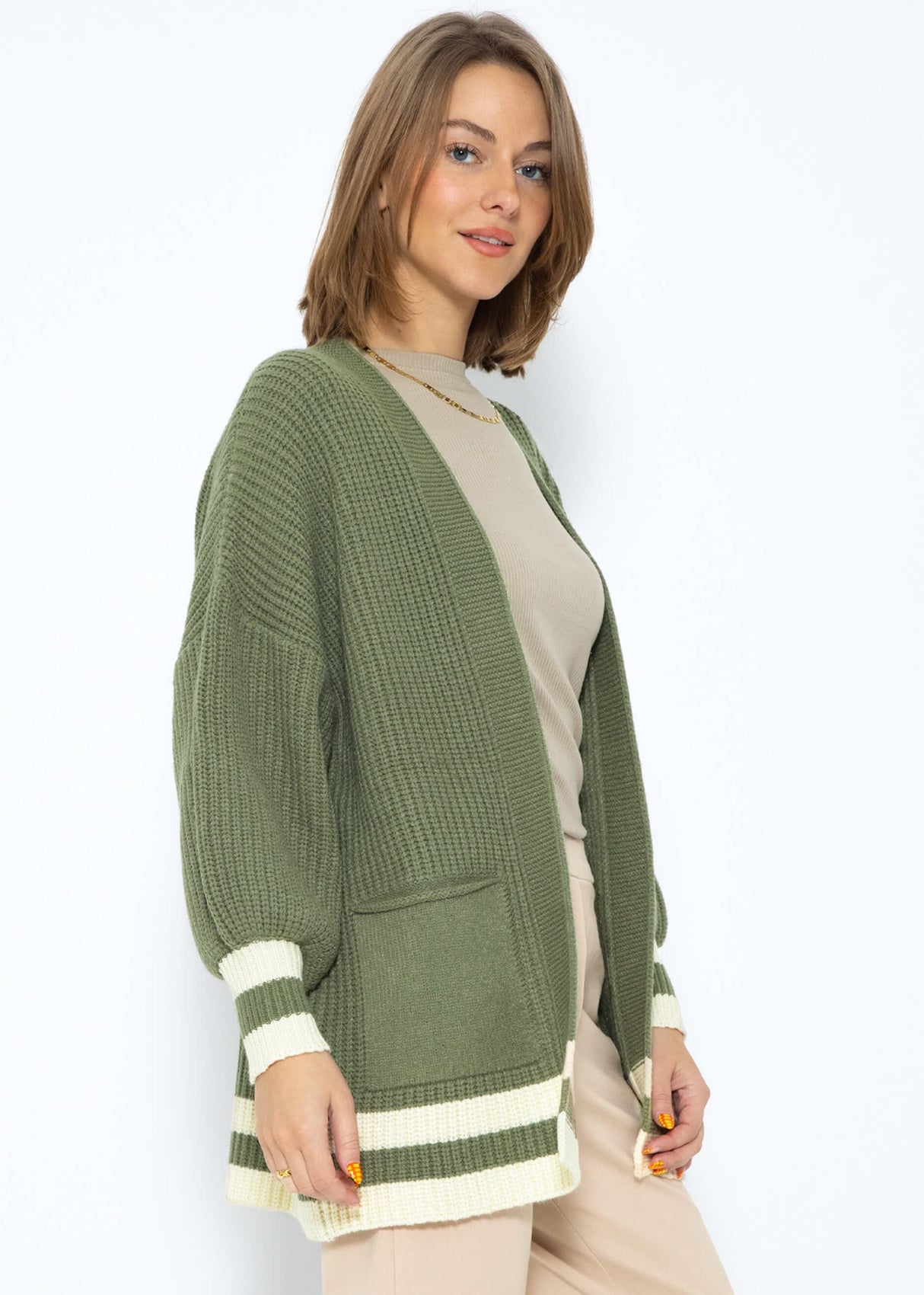 Soft knit cardigan with pockets - khaki-beige