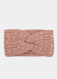 Knitted headband with pearls - pink
