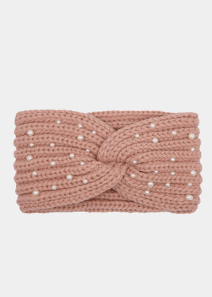 Knitted headband with pearls - pink