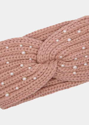 Knitted headband with pearls - pink