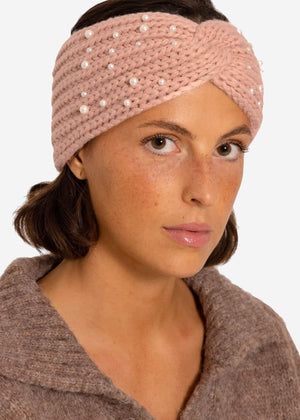 Knitted headband with pearls - pink