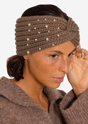 Knitted headband with pearls - taupe
