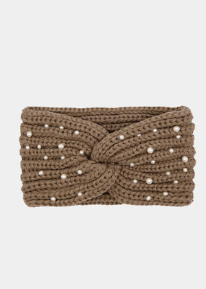 Knitted headband with pearls - taupe