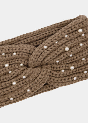 Knitted headband with pearls - taupe