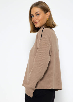 Knitted sweater with colorful accents - taupe-black