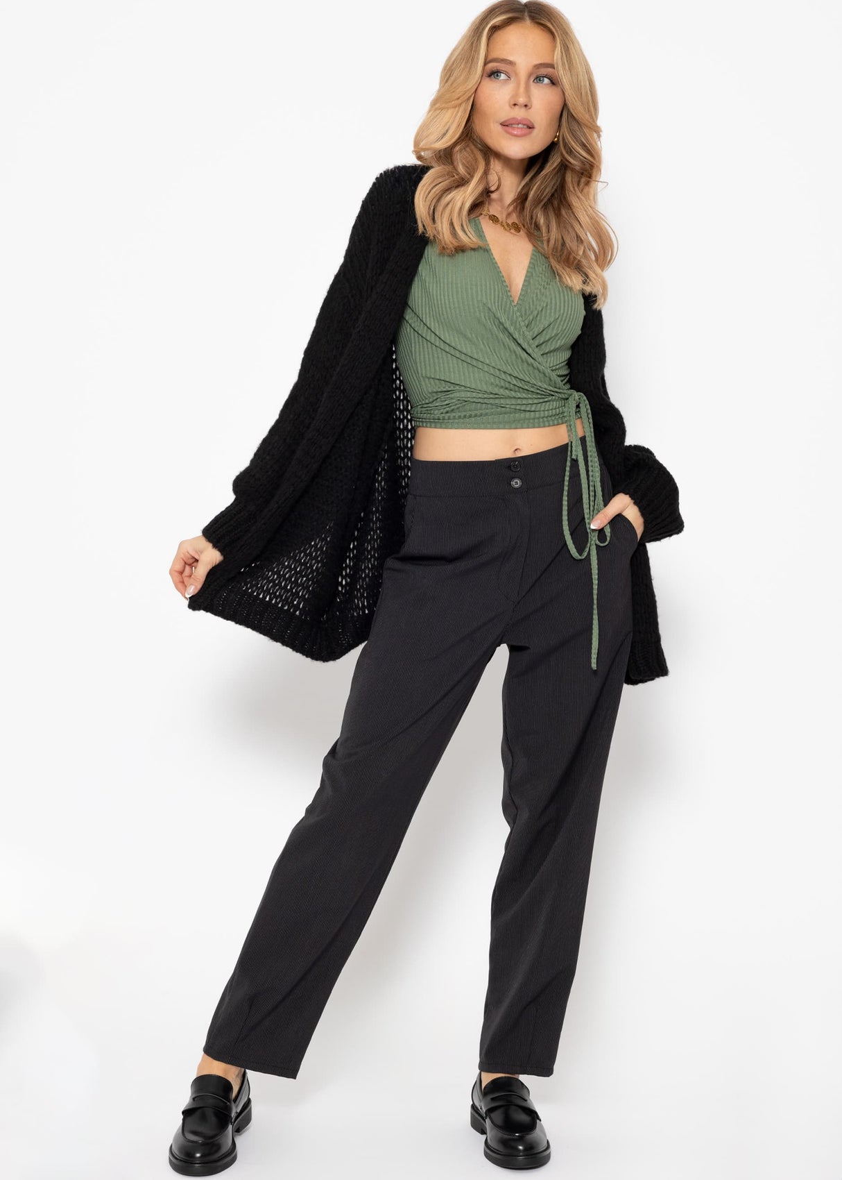 Long-sleeved wrap shirt - khaki