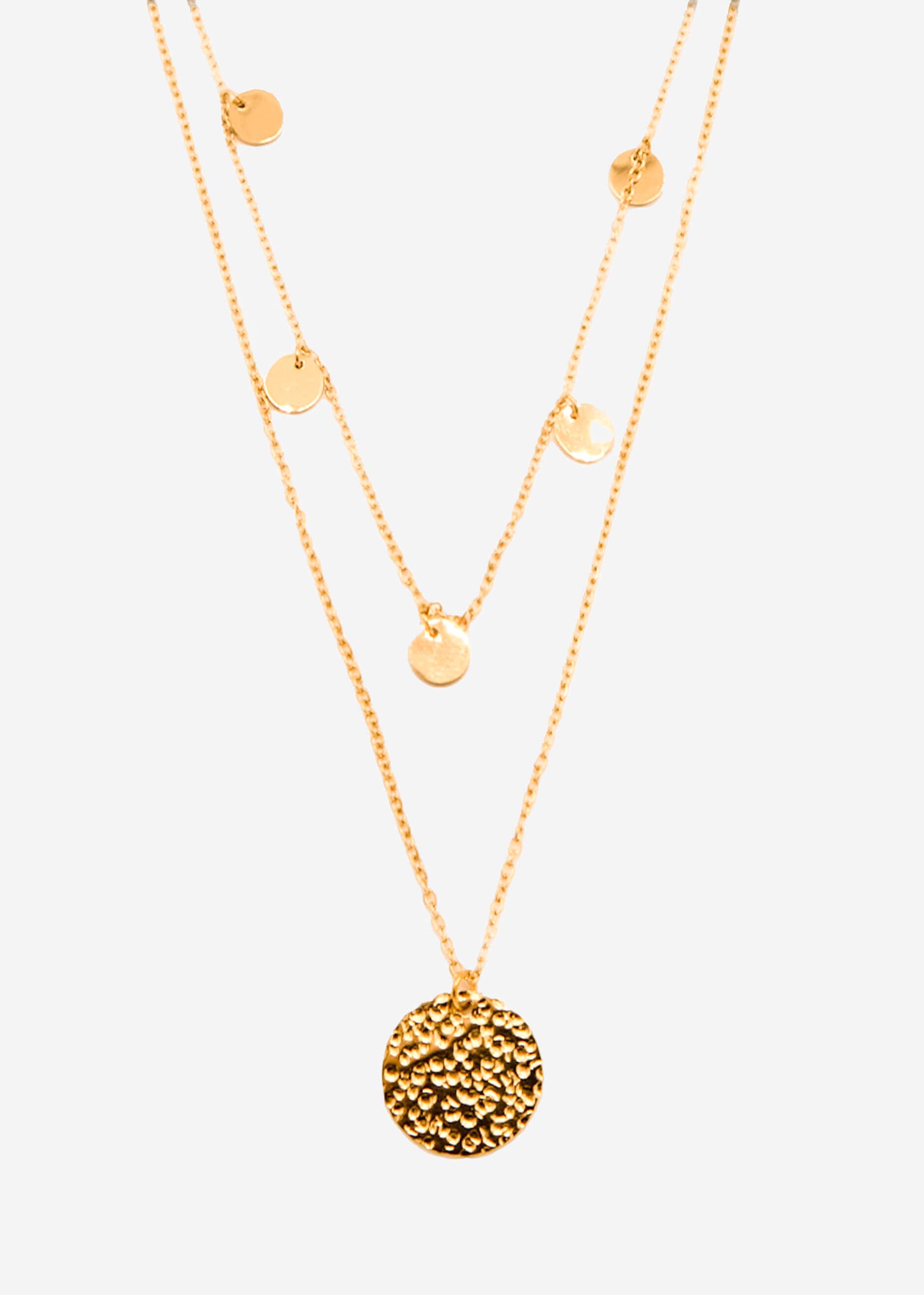 Combined necklace with pendant and delicate plates, gold