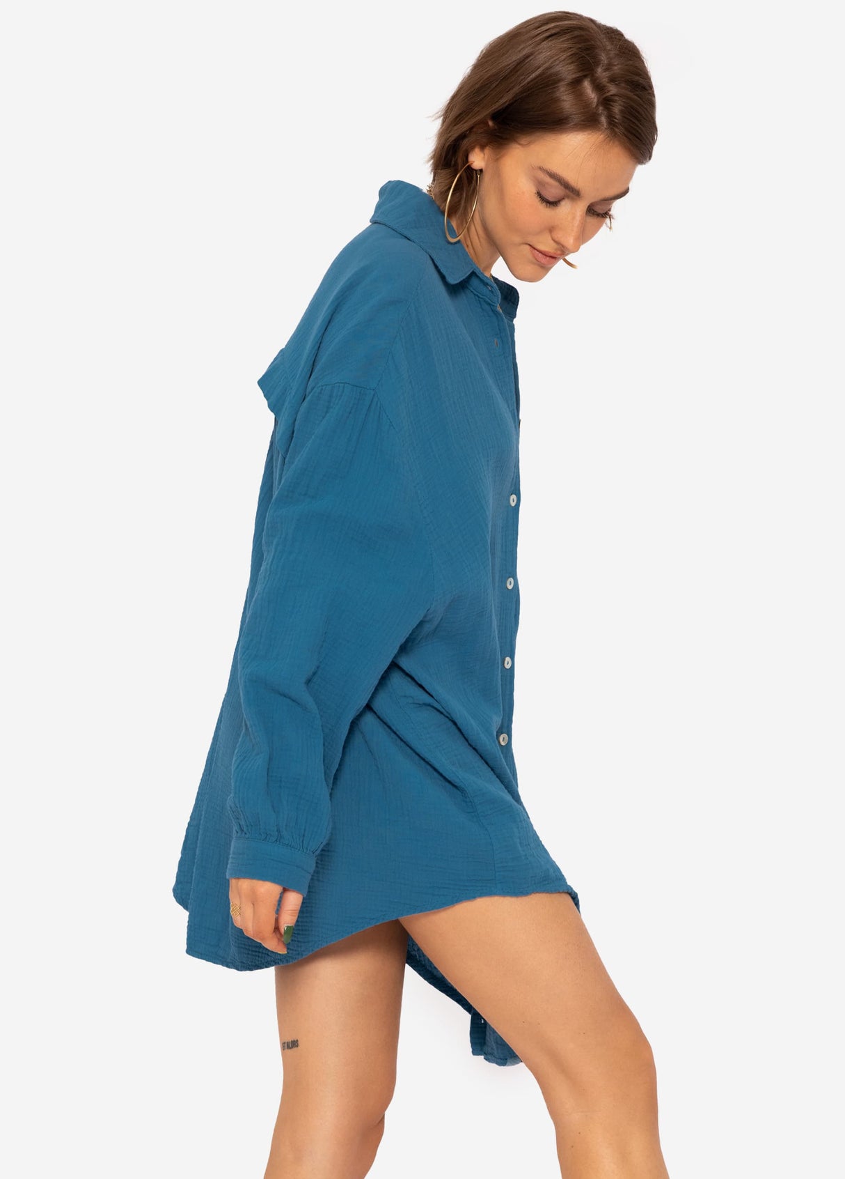 Muslin blouse oversize, petrol blue
