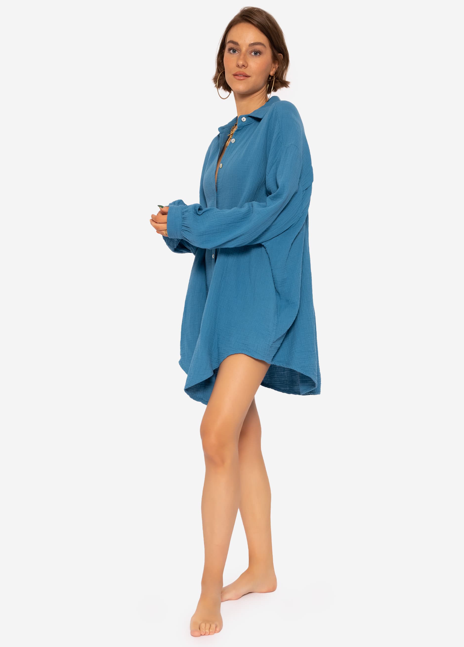 Muslin blouse oversize, petrol blue