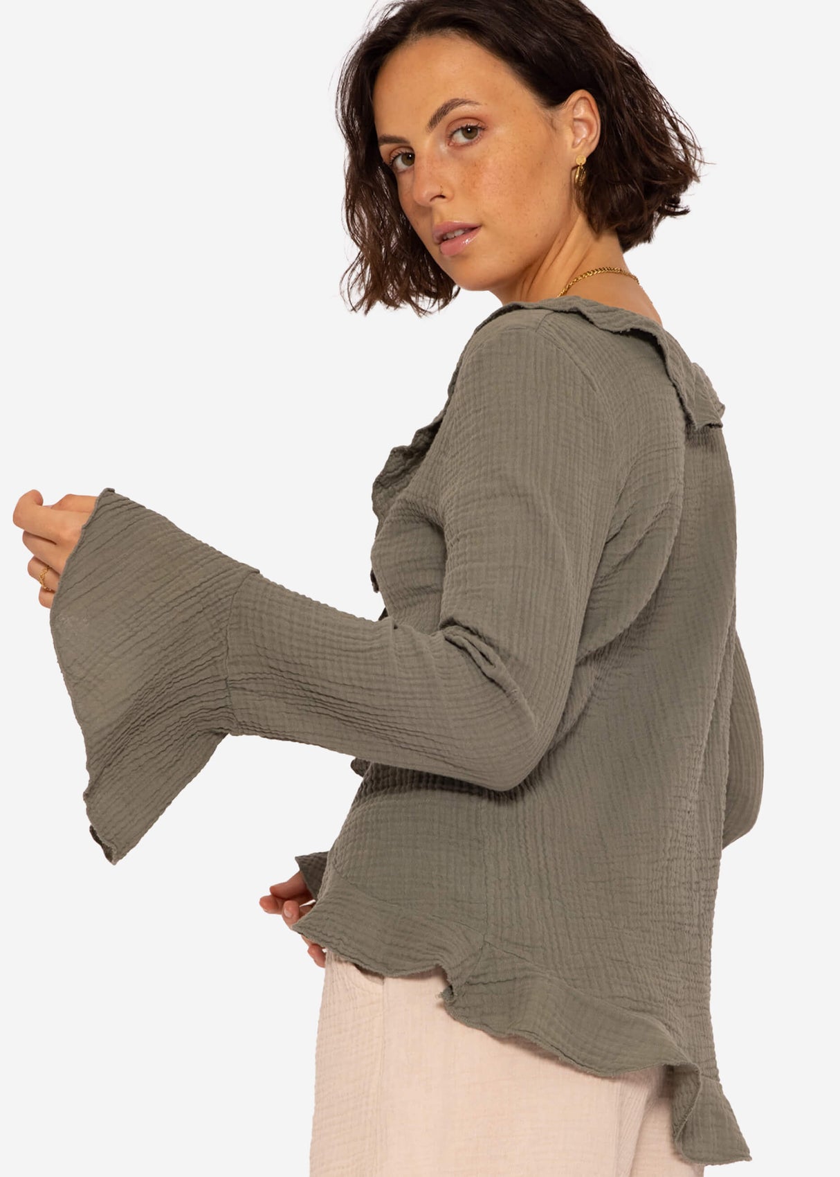 Musselin Cardigan mit Volants, khaki