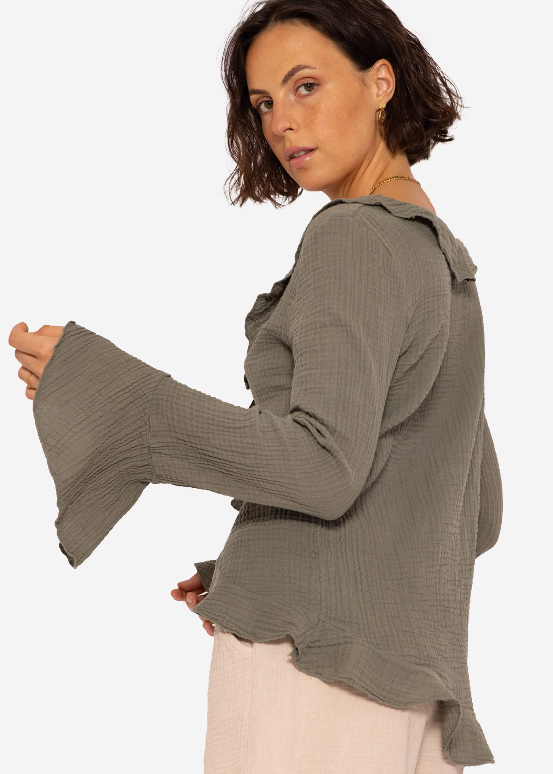 Musselin Cardigan mit Volants, khaki