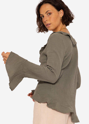 Musselin Cardigan mit Volants, khaki
