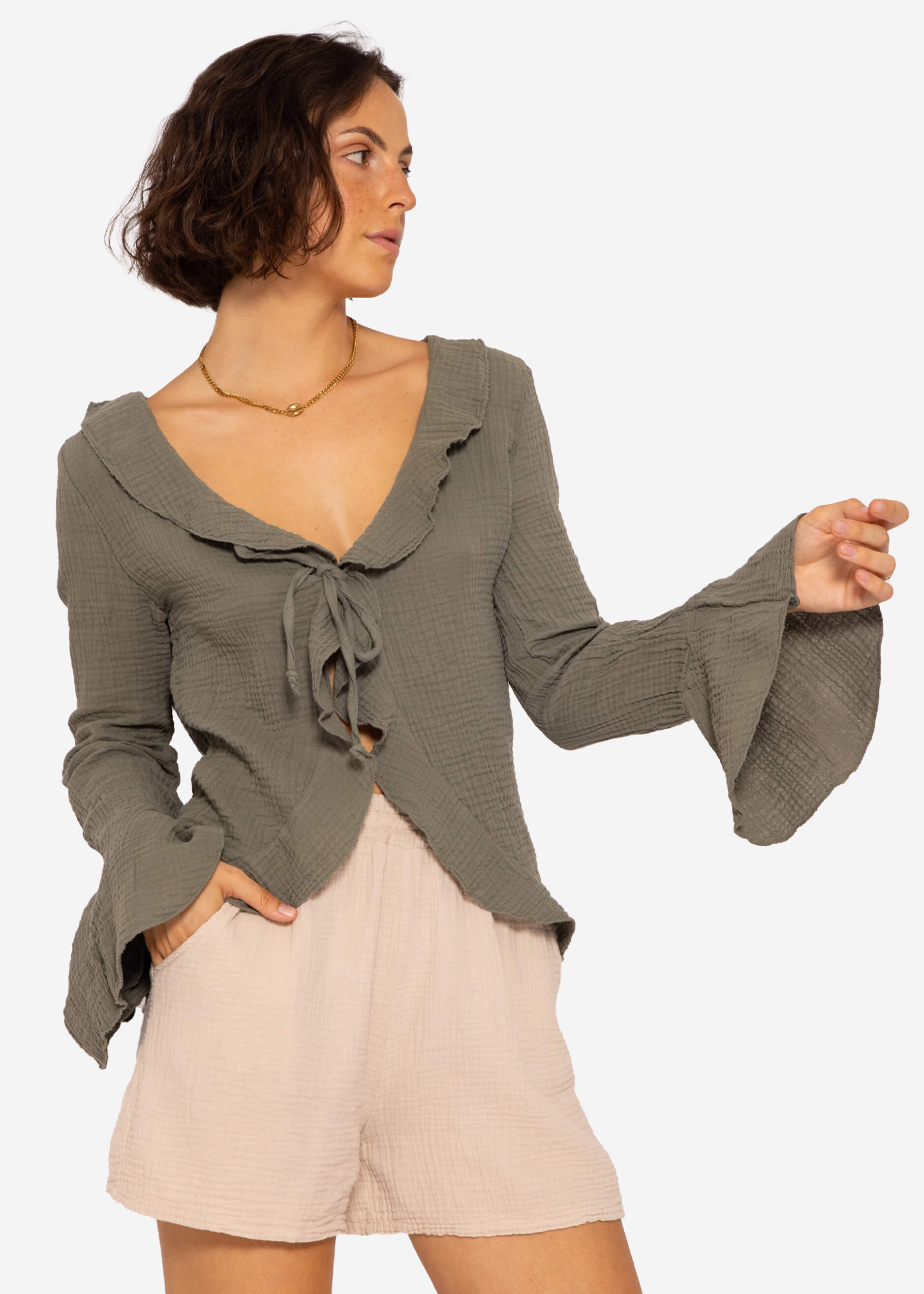 Musselin Cardigan mit Volants, khaki