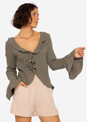Musselin Cardigan mit Volants, khaki