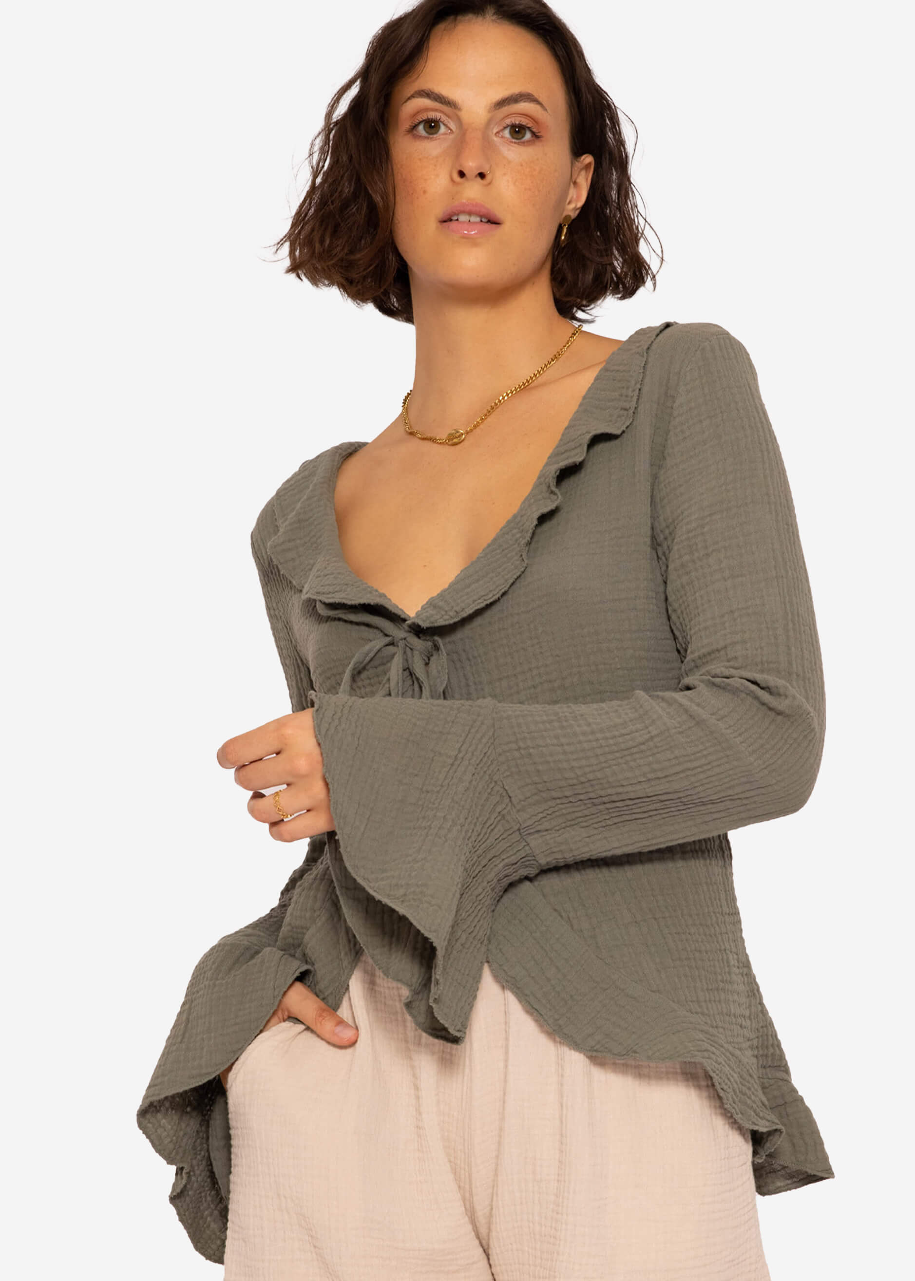 Musselin Cardigan mit Volants, khaki