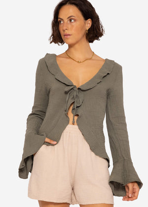 Musselin Cardigan mit Volants, khaki