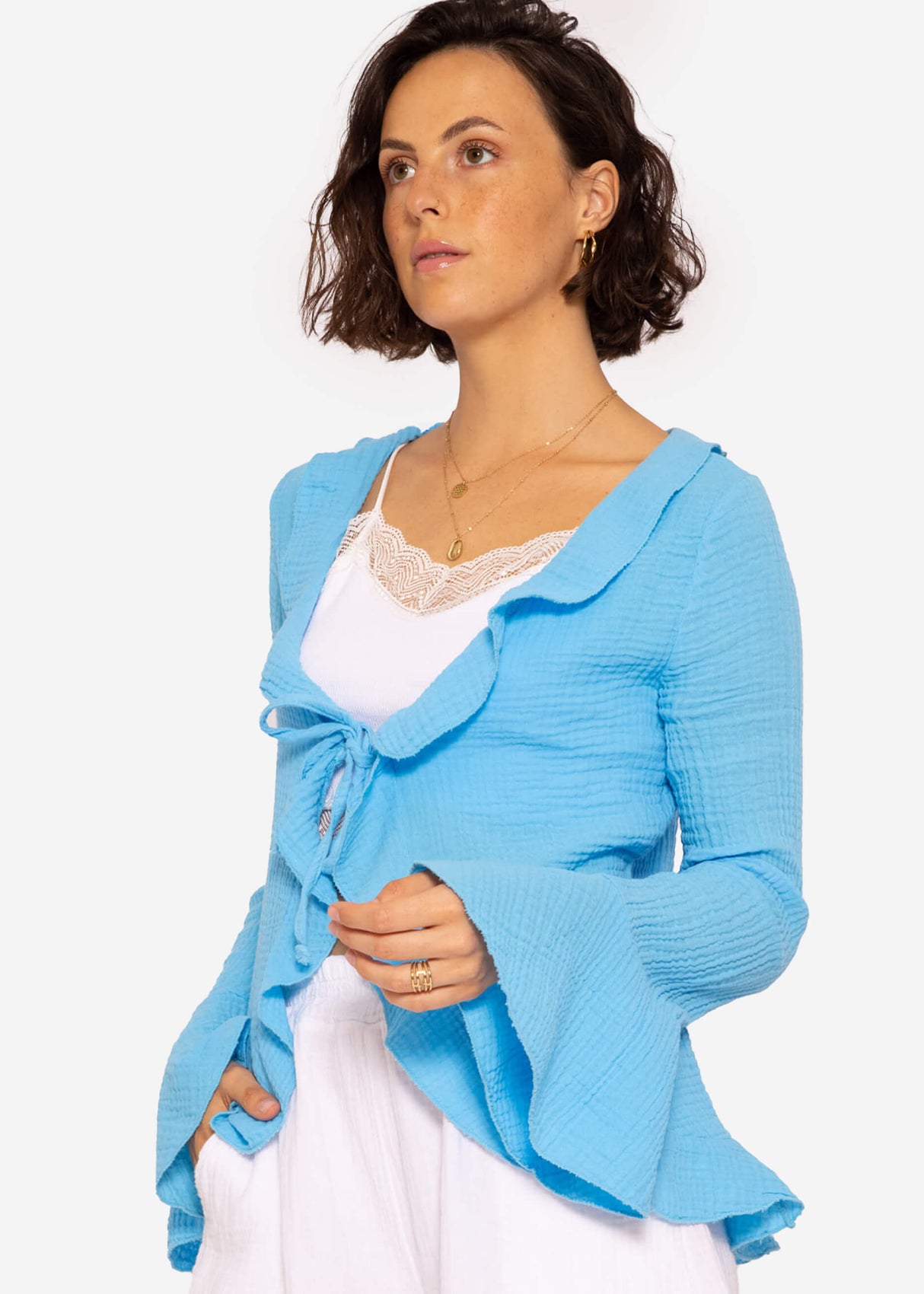 Musselin Cardigan mit Volants, blau