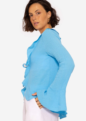 Musselin Cardigan mit Volants, blau